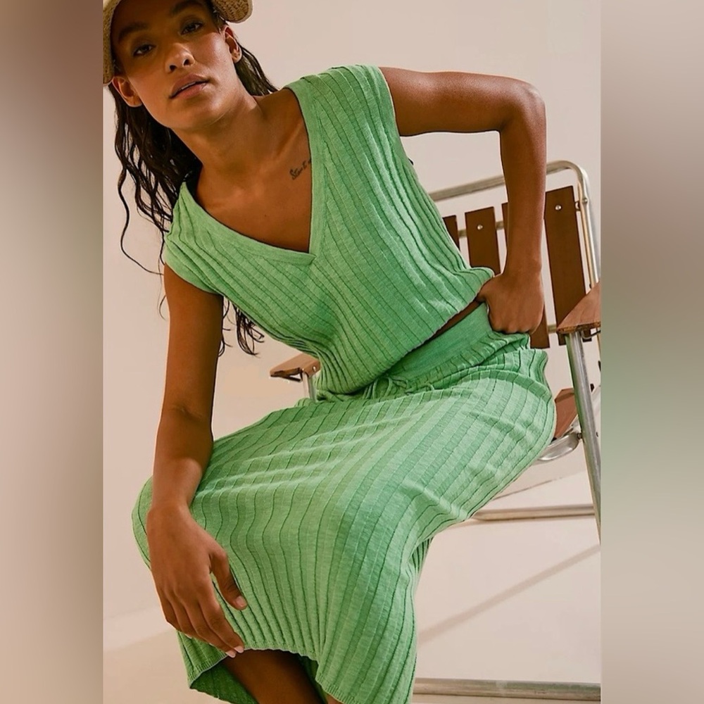 Free People Green Ribbed Knit Skirt Set